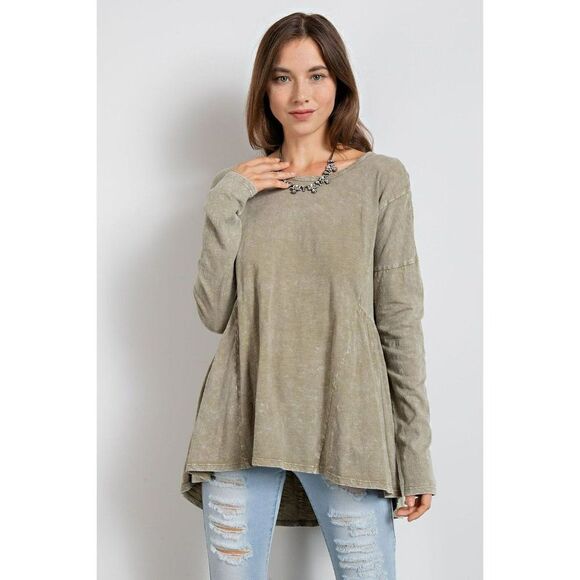 easel Tops - LAST ONE! Easel Oversized Washed Cotton Long Sleeve Tunic Top Faded Sage ET18211